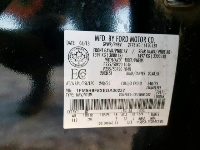 1FM5K8F8XEGA00237 - 2014 FORD EXPLORER L BLACK photo 10