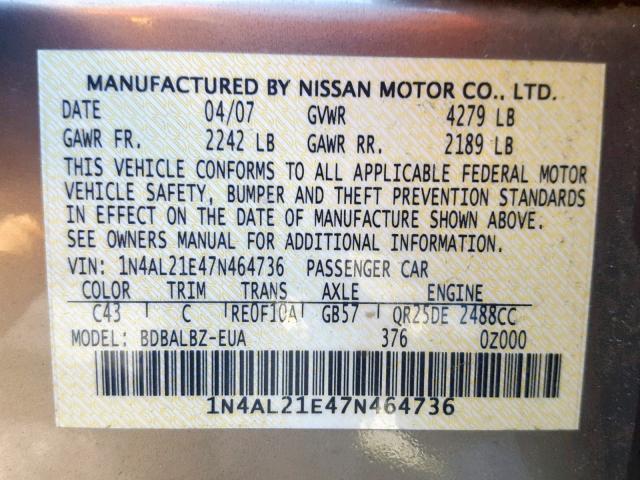 1N4AL21E47N464736 - 2007 NISSAN ALTIMA 2.5 TAN photo 10