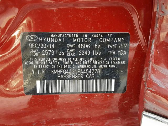 KMHFG4JG1FA454278 - 2015 HYUNDAI AZERA RED photo 10