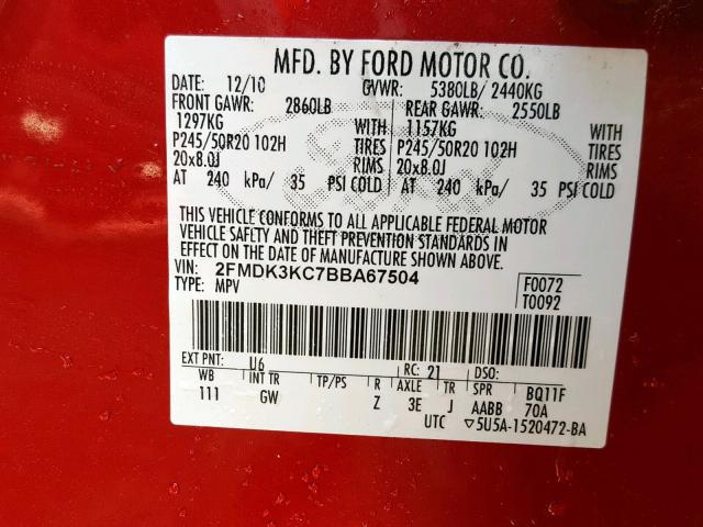 2FMDK3KC7BBA67504 - 2011 FORD EDGE LIMIT RED photo 10