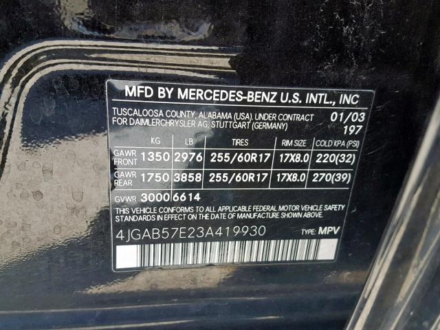 4JGAB57E23A419930 - 2003 MERCEDES-BENZ ML 350 BLACK photo 10