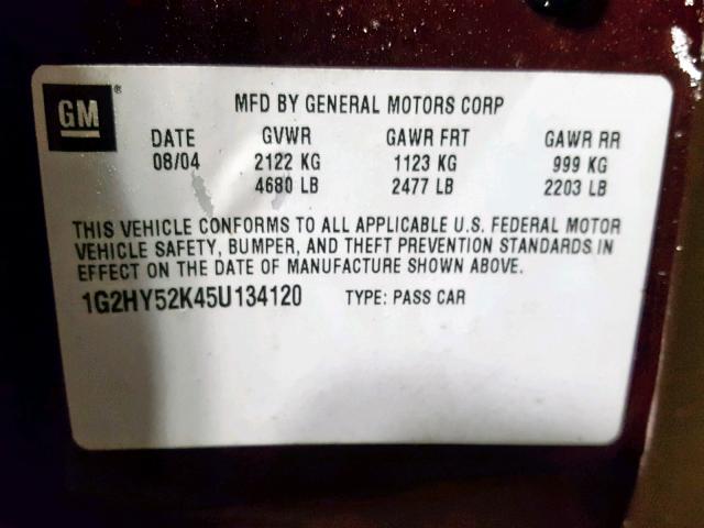 1G2HY52K45U134120 - 2005 PONTIAC BONNEVILLE MAROON photo 10