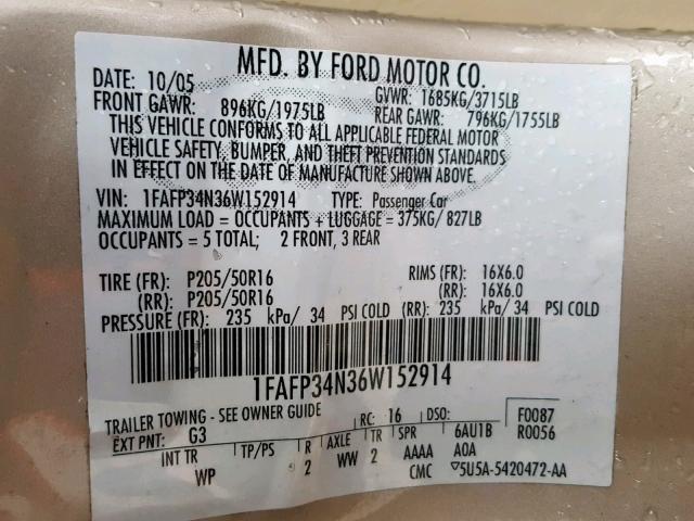 1FAFP34N36W152914 - 2006 FORD FOCUS ZX4 GOLD photo 10