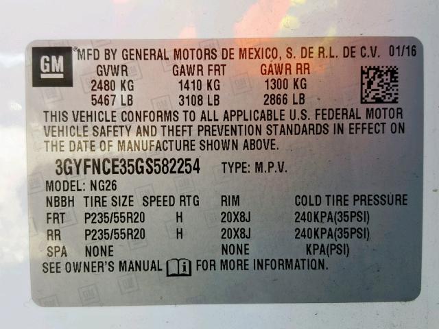 3GYFNCE35GS582254 - 2016 CADILLAC SRX PERFOR თეთრი ფოტო 10