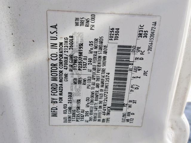 4F4YR12U73TM13574 - 2003 MAZDA B3000 WHITE photo 10