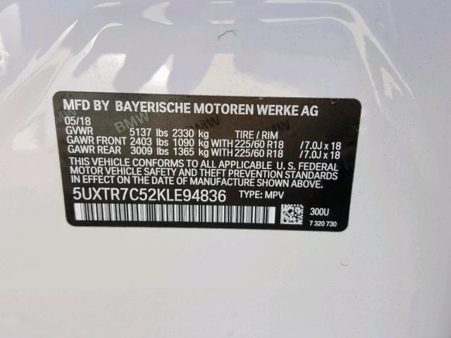 5UXTR7C52KLE94836 - 2019 BMW X3 SDRIVE3 WHITE photo 10