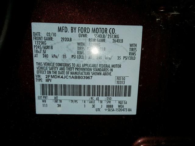 2FMDK4JC1ABB03967 - 2010 FORD EDGE SEL MAROON photo 10