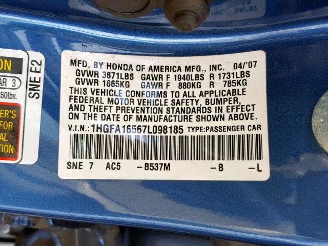 1HGFA16567L098185 - 2007 HONDA CIVIC LX BLUE photo 10