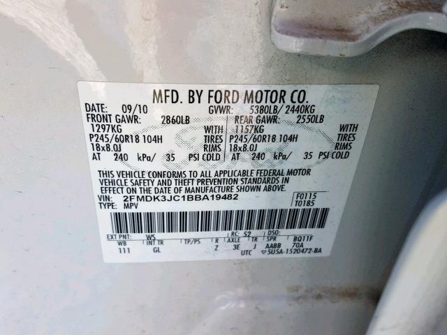 2FMDK3JC1BBA19482 - 2011 FORD EDGE SEL WHITE photo 10