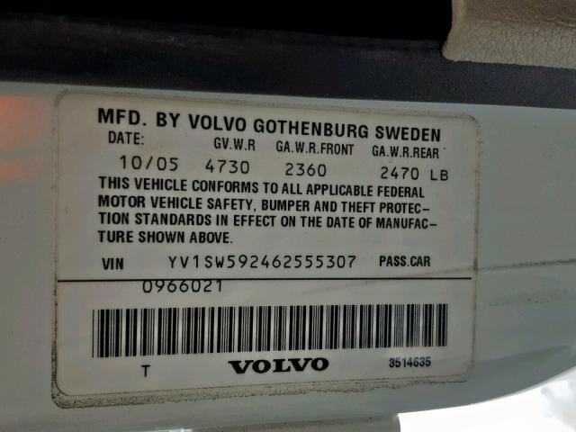 YV1SW592462555307 - 2006 VOLVO V70 2.5T WHITE photo 10