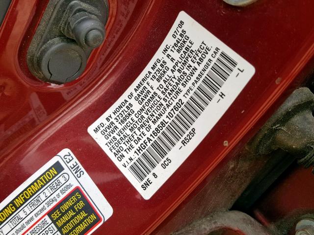 1HGFA16858L107602 - 2008 HONDA CIVIC EX RED photo 10