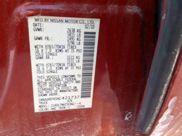 1N6AD0FV5AC421737 - 2010 NISSAN FRONTIER C BURGUNDY photo 10