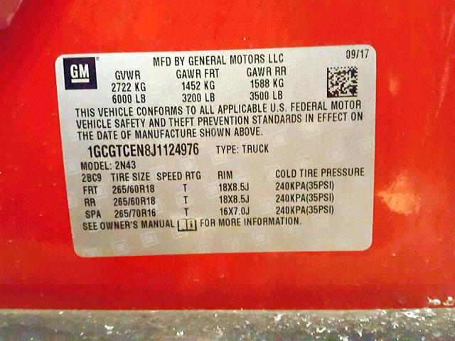 1GCGTCEN8J1124976 - 2018 CHEVROLET COLORADO L RED photo 10