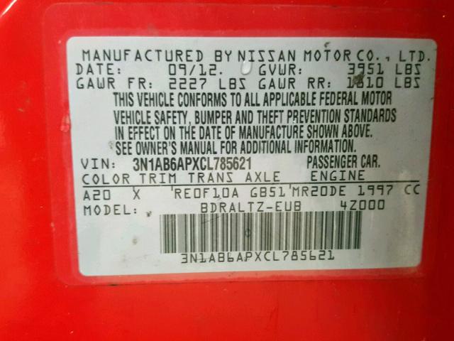 3N1AB6APXCL785621 - 2012 NISSAN SENTRA 2.0 RED photo 10