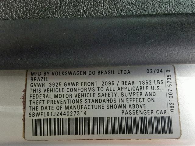 9BWFL61J244027314 - 2004 VOLKSWAGEN GOLF GL SILVER photo 10