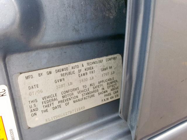 KL1TD66627B711849 - 2007 CHEVROLET AVEO BASE ლურჯი ფოტო 10