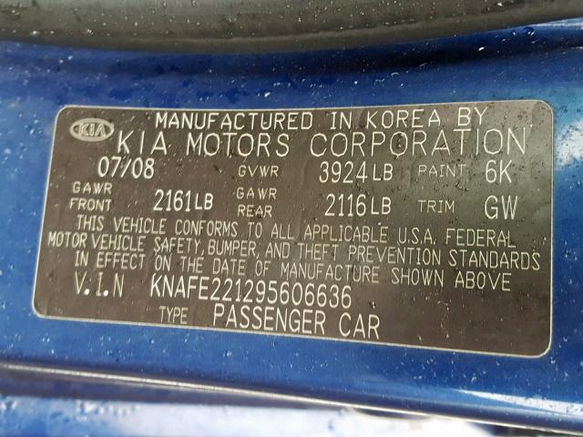 KNAFE221295606636 - 2009 KIA SPECTRA EX BLUE photo 10