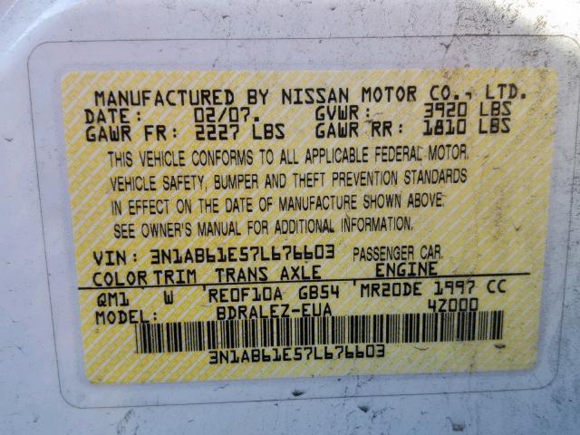 3N1AB61E57L676603 - 2007 NISSAN SENTRA 2.0 WHITE photo 10