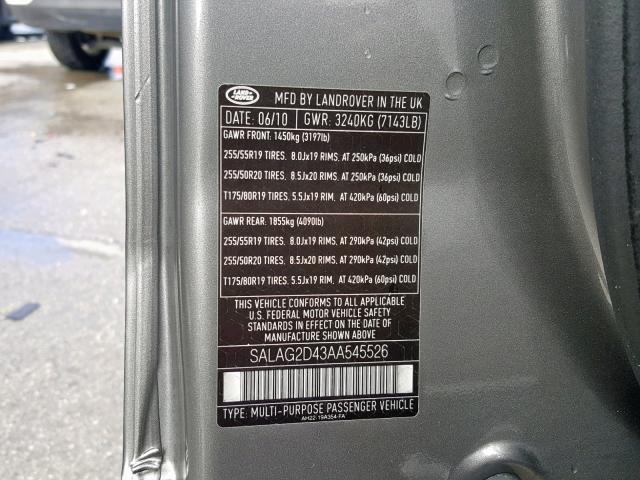 SALAG2D43AA545526 - 2010 LAND ROVER LR4 HSE GRAY photo 10