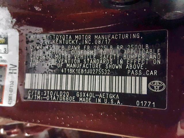 4T1BK1EB1JU275532 - 2018 TOYOTA AVALON XLE MAROON photo 10