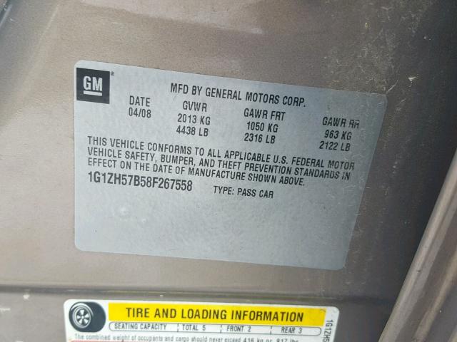 1G1ZH57B58F267558 - 2008 CHEVROLET MALIBU 1LT GOLD photo 10