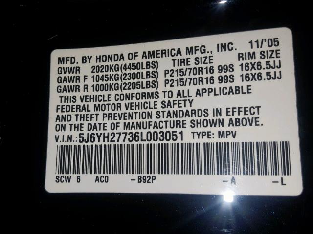 5J6YH27736L003051 - 2006 HONDA ELEMENT EX BLACK photo 10