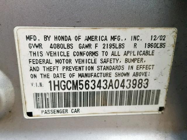 1HGCM56343A043983 - 2003 HONDA ACCORD LX SILVER photo 10