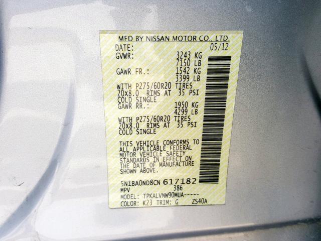 5N1BA0ND8CN617182 - 2012 NISSAN ARMADA SV SILVER photo 10