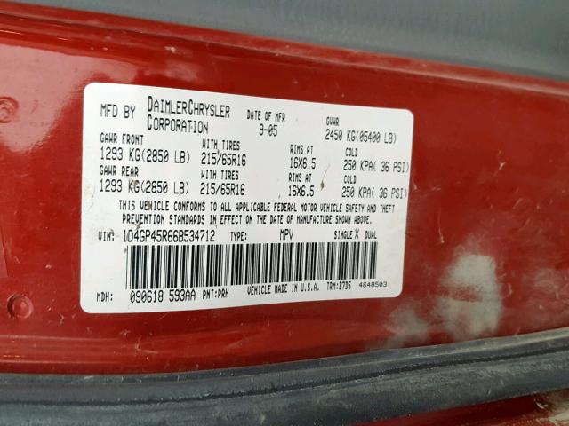 1D4GP45R66B534712 - 2006 DODGE CARAVAN SX RED photo 10