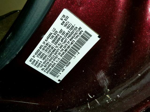 5FNRL38618B114675 - 2008 HONDA ODYSSEY EX MAROON photo 10