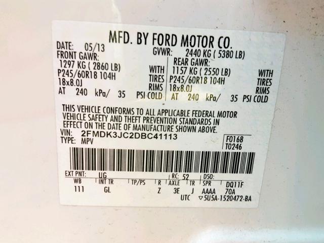 2FMDK3JC2DBC41113 - 2013 FORD EDGE SEL WHITE photo 10