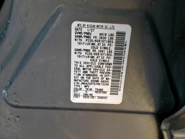 JN8AZ08TX7W513289 - 2007 NISSAN MURANO SL GRAY photo 10