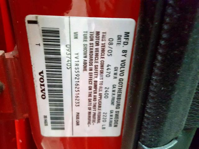 YV1RS592162516233 - 2006 VOLVO S60 2.5T RED photo 10