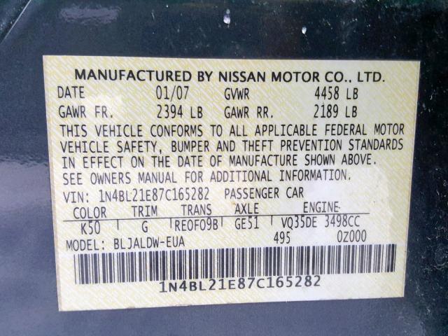 1N4BL21E87C165282 - 2007 NISSAN ALTIMA 3.5 BLACK photo 10