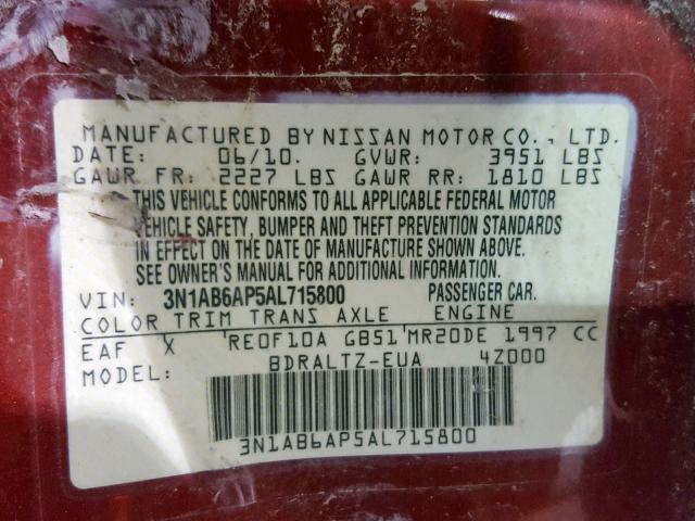 3N1AB6AP5AL715800 - 2010 NISSAN SENTRA 2.0 RED photo 10