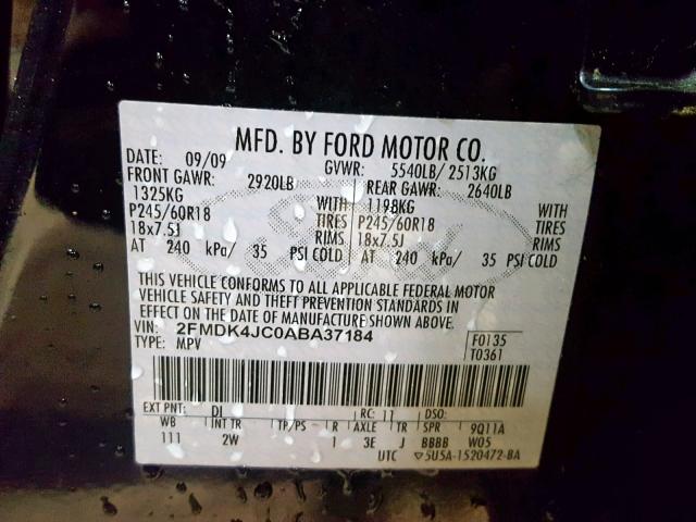 2FMDK4JC0ABA37184 - 2010 FORD EDGE SEL BLUE photo 10