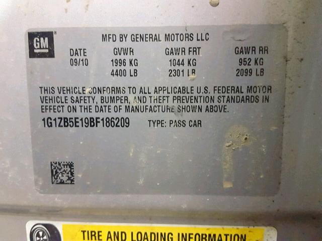 1G1ZB5E19BF186209 - 2011 CHEVROLET MALIBU LS SILVER photo 10