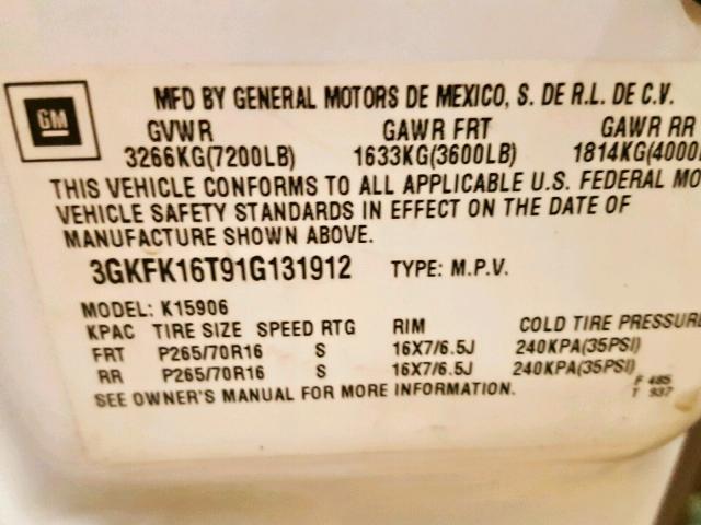 3GKFK16T91G131912 - 2001 GMC YUKON XL K WHITE photo 10