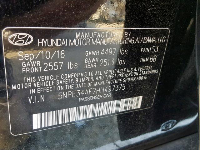 5NPE34AF7HH497375 - 2017 HYUNDAI SONATA SPO BLACK photo 10