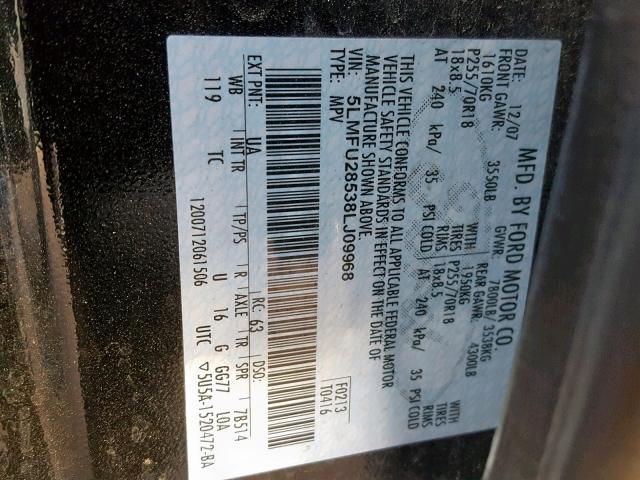 5LMFU28538LJ09968 - 2008 LINCOLN NAVIGATOR BLACK photo 10