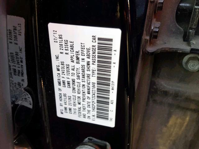 1HGCP2F72CA221849 - 2012 HONDA ACCORD EX BLACK photo 10