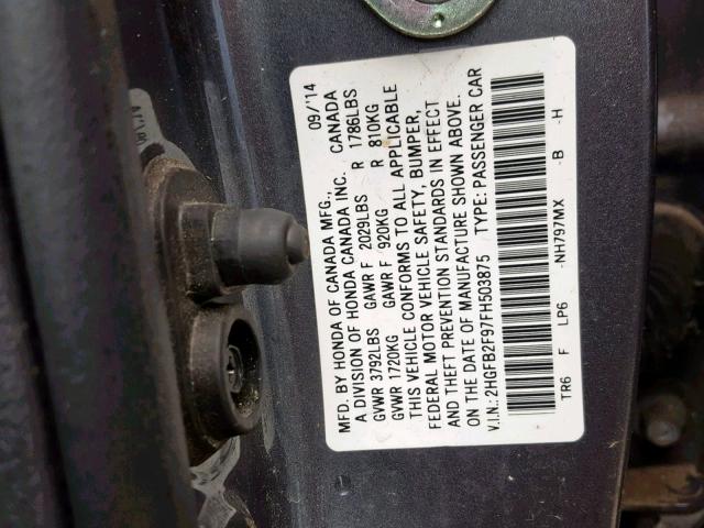 2HGFB2F97FH503875 - 2015 HONDA CIVIC EXL GRAY photo 10