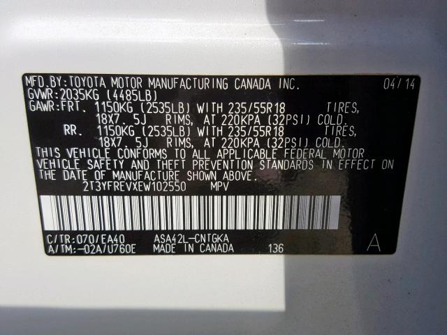 2T3YFREVXEW102550 - 2014 TOYOTA RAV4 LIMIT WHITE photo 10