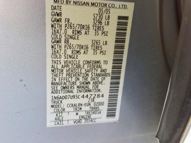 1N6AD07U95C447284 - 2005 NISSAN FRONTIER C GRAY photo 10