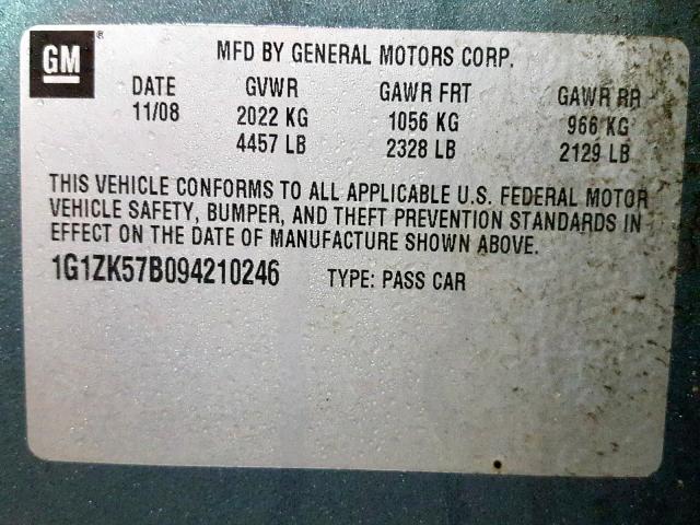 1G1ZK57B094210246 - 2009 CHEVROLET MALIBU LTZ მწვანე ფოტო 10