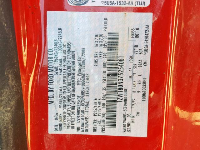 1ZVFT80N375254081 - 2007 FORD MUSTANG RED photo 10