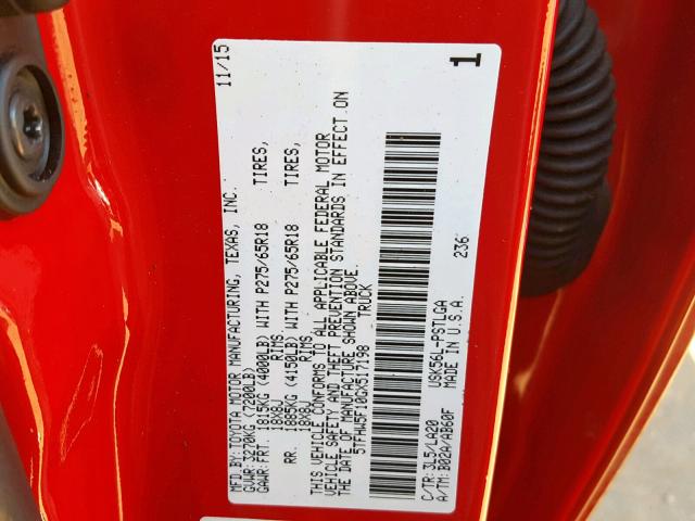 5TFHW5F10GX517198 - 2016 TOYOTA TUNDRA CRE RED photo 10