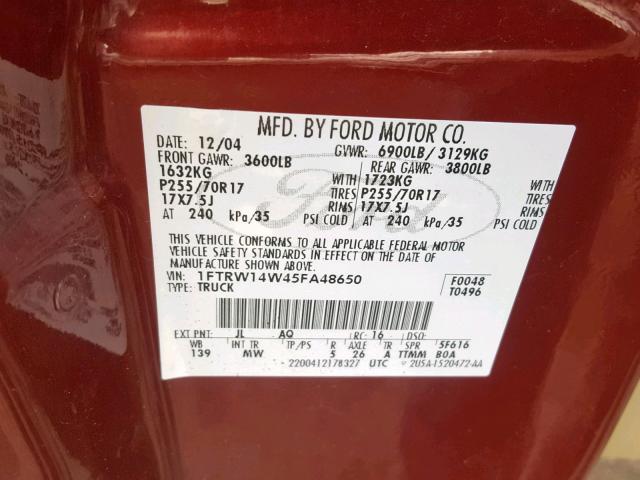 1FTRW14W45FA48650 - 2005 FORD F150 SUPER BURGUNDY photo 10