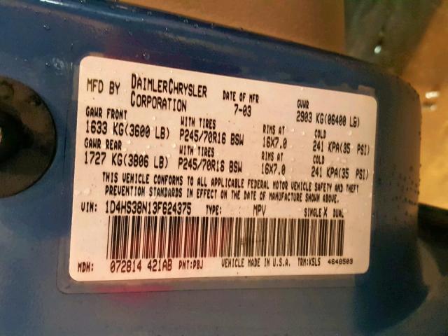 1D4HS38N13F624375 - 2003 DODGE DURANGO SP BLUE photo 10