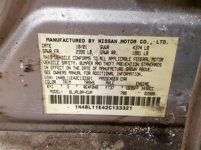 1N4BL11E42C133321 - 2002 NISSAN ALTIMA SE GRAY photo 10